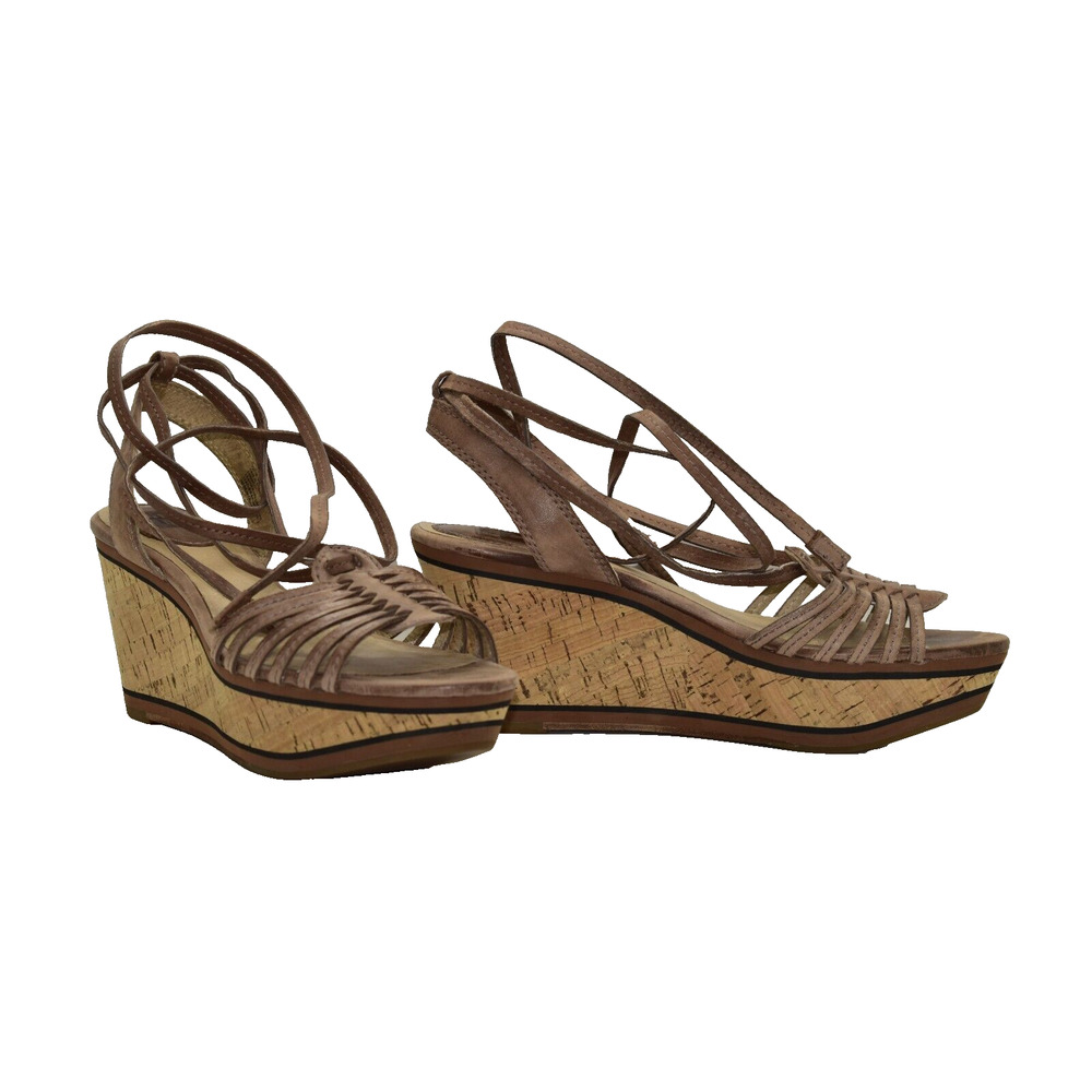 B0 Auth FRYE Carlie Brown Leather Strappy Wedge Platform Sandal Shoes Size 8M